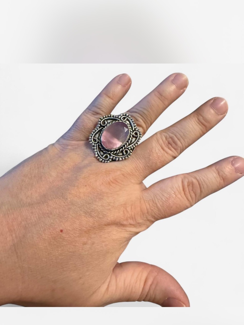 German Silver Ring with Oval Selenite Gemstone